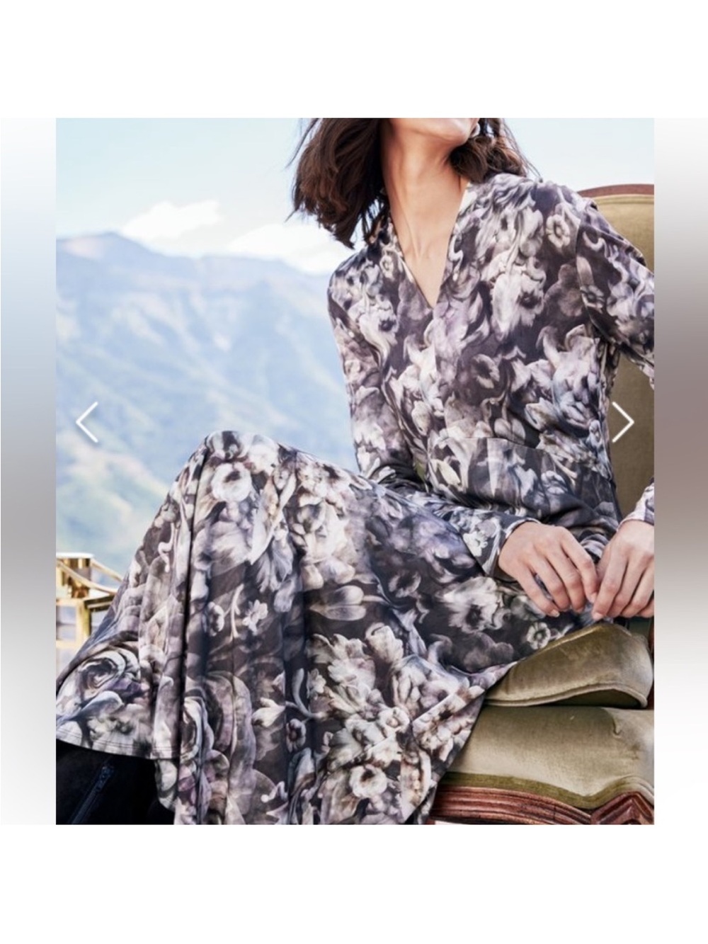 Soft Surroundings Gray Floral V‑Neck Long Sleeve Maxi Dress